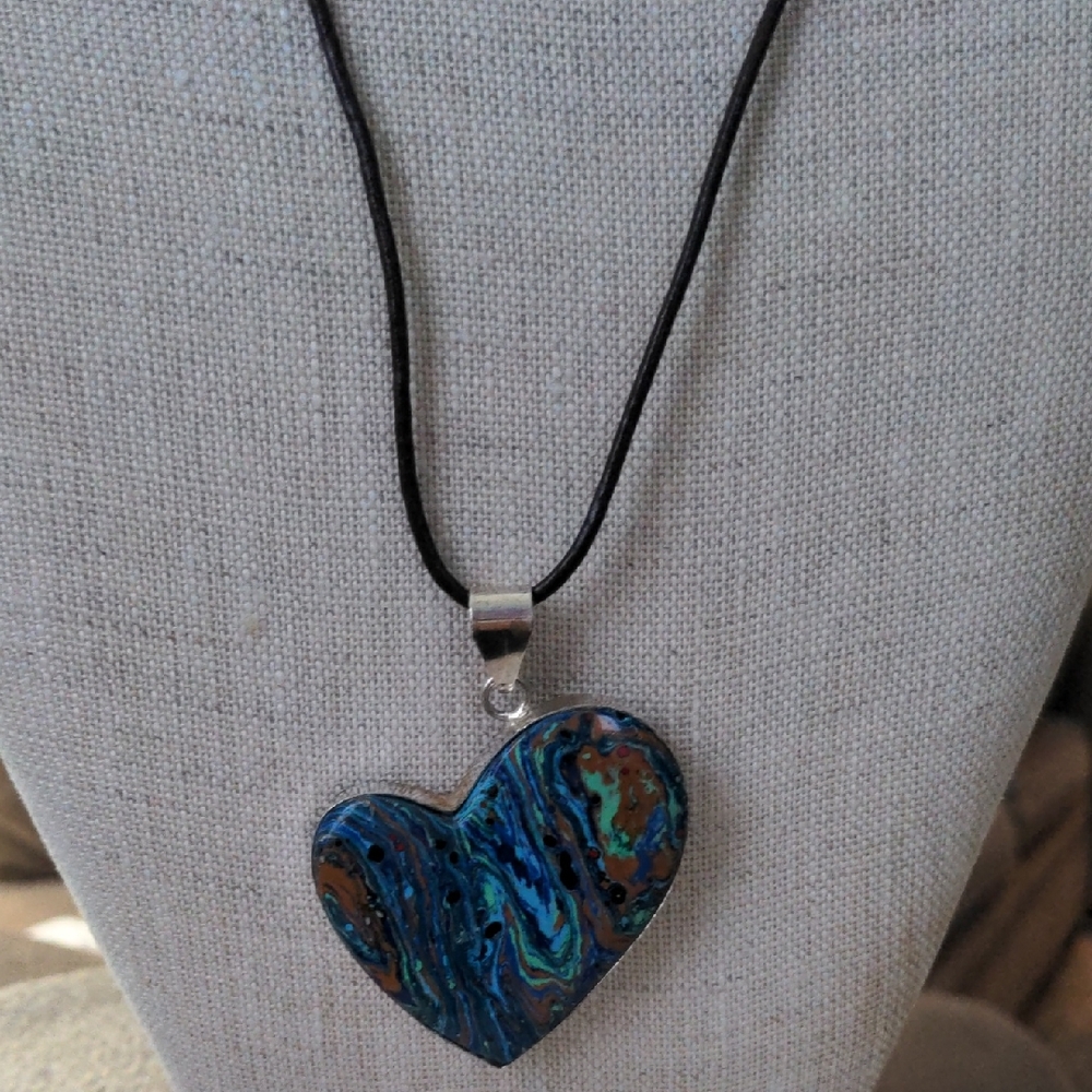 New Rainbow Calcilica Heart Sterling Silver Pendant Necklace, Leather Cord, Box